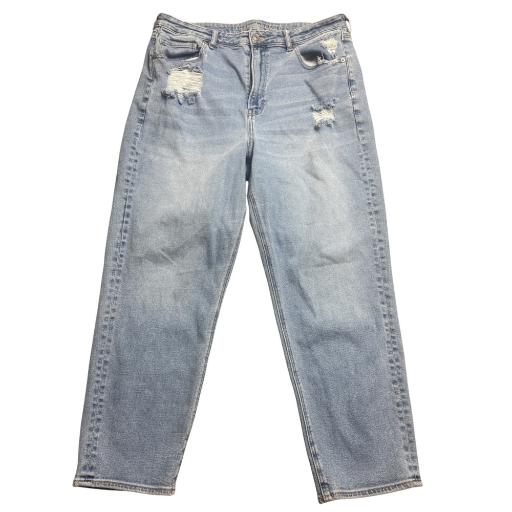 American Eagle Mom Straight Jean Womens 18 Light Wash Distressed Stretch Denim